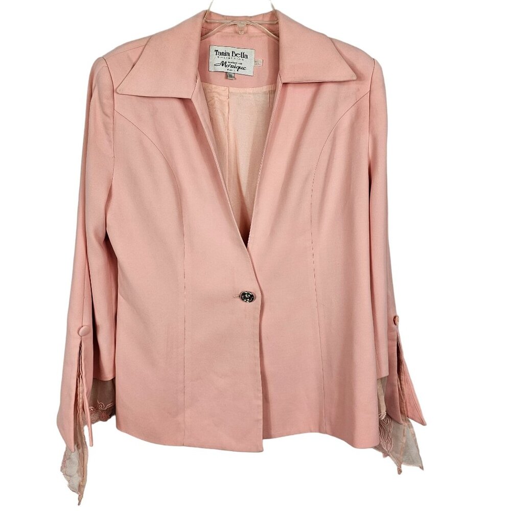 Womens 10 Dainty Pastel Blush Pink Floral Lace Business Casual Office VTG Blazer